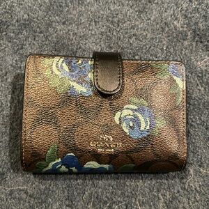 COACH Brown Leather Wallet with Blue Roses